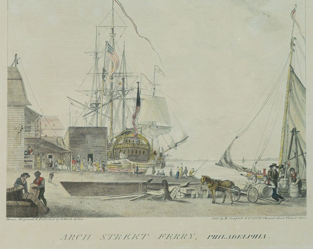 William Birch "Arch Street Ferry, Philadelphia" Original 1800 Colored Etching Loose Print (1 of 9)