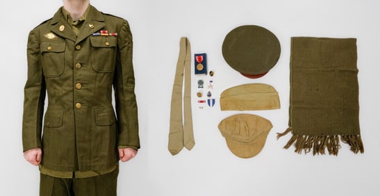 WWII U.S. Army Military Clothes: Jacket w/Patches & Ribbons, Shirt, Pants, Tie, Medals, Hats, Scarf