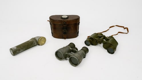 WWII Marine Corps B&L Binoculars w/Case + Spindler & Hoyer German + Allbright TL-122 Flashlight