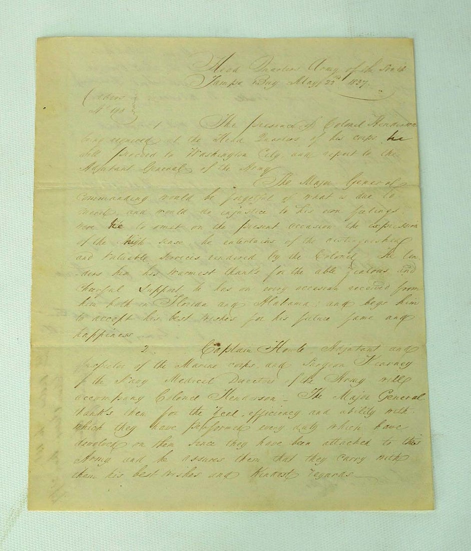 1837 Army of the South Handwritten Official US Military Communique Gen T.Jesup Seminole Indian Wars (1 of 8)