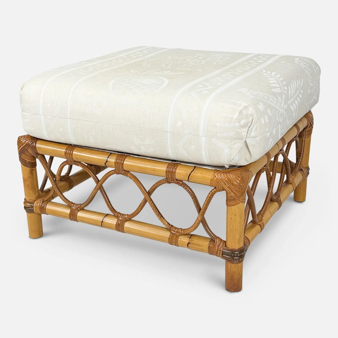 Bielecky Brothers Contemporary Bamboo & Rattan Ottoman: Bielecky Brothers Contemporary Cane Ottoman. Included measurements for piece with cushion. Good overall, with minor surface wear and staining to cushion. We do not provide in-house shipping! Please re