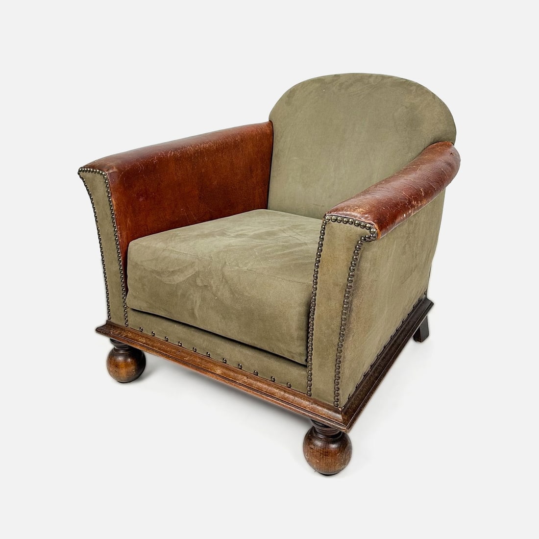 Antique 1920s Diminutive Leather & Suede Club Lounge Chair w/Brass Studs (1 of 7)