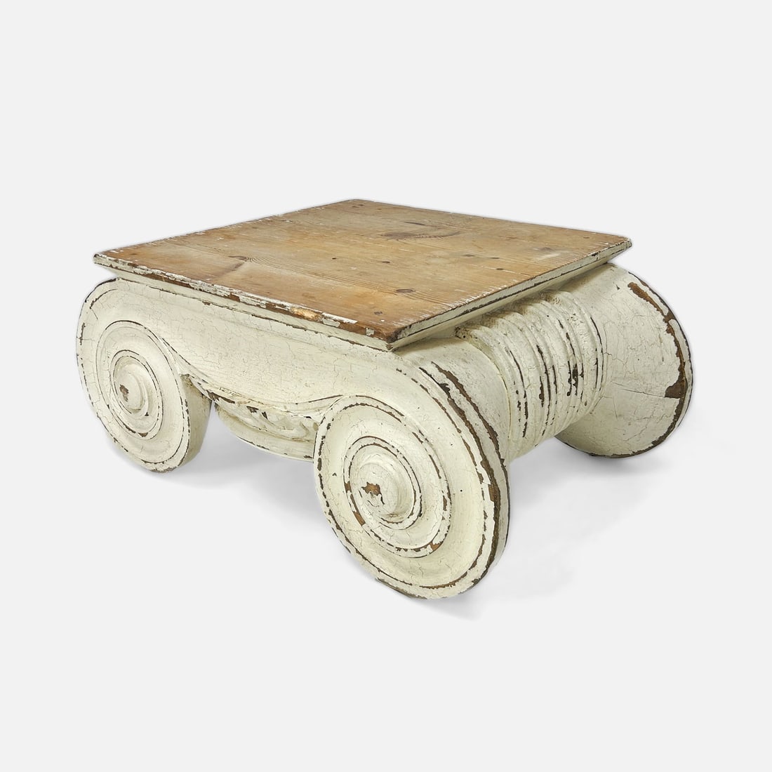 Restoration Hardware Distressed Ionic Capital Coffee Table: Restoration Hardware (Attributed) Distressed Ionic Capital Coffee Table. Unmarked. Approx. 25" x 25" tabletop. Condition as shown, intentionally distressed. We do not provide in-house shipping! Please