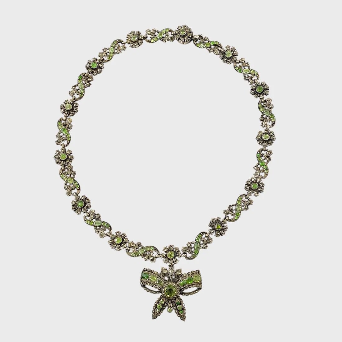Antique Georgian Silver, Demantoid Garnet and Marcasite Bow Pendant Necklace (1 of 5)