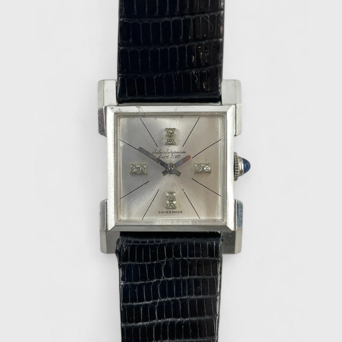 Jules Jurgensen 14K White Gold Square Diamond 17j Manual Wind Wristwatch: Ca. second half 20thC. Good with age-appropriate wear on the case. 14K solid White Gold Square case approx. 19mm x 22mm, ca. 1950. 17 Jewel manual movement is currently running well. Silver dial with 