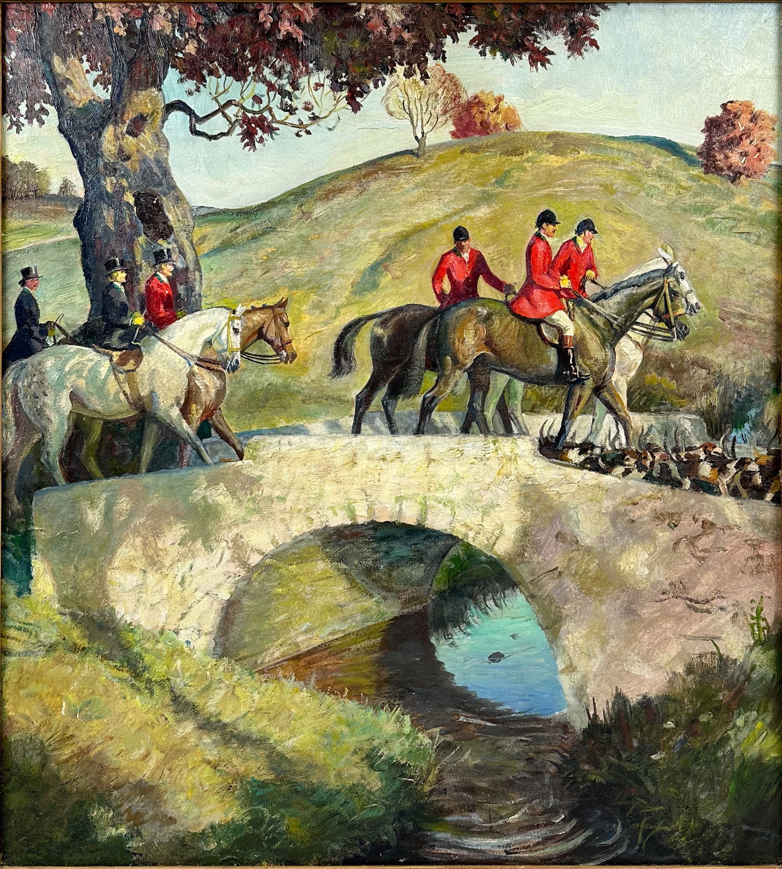 Peter Hurd "Huntsmen and Hounds Crossing a Bridge, Chadds Ford, PA" Oil Painting w/COA: Original oil on board painting by American painter Peter Hurd (1904-1984) titled "Huntsmen and Hounds Crossing a Bridge, Chadds Ford, Pennsylvania", with shown copy of letter from Andrew Wyeth and cor