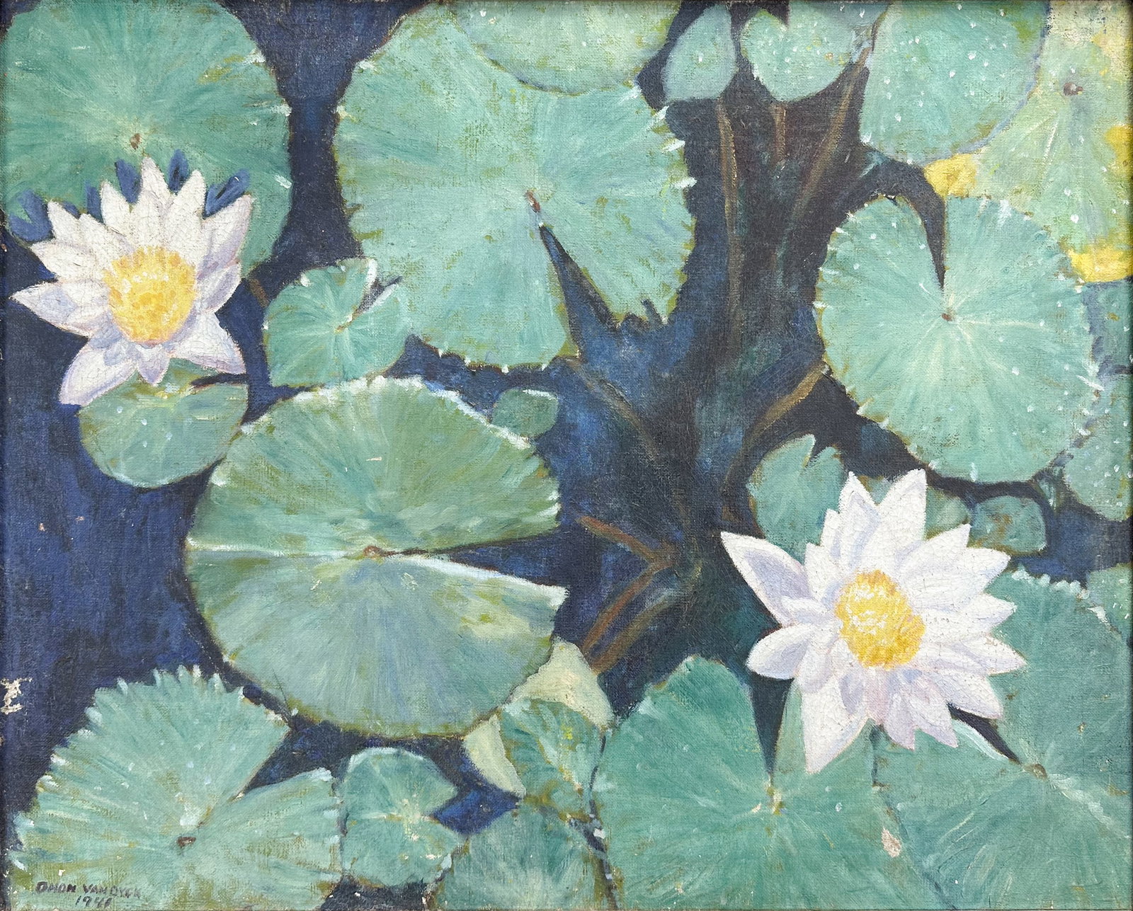 Oman L. Van Dyck 1941 Flowering Lotus Lilypad Acrylic on Canvas Painting: Oman L. Van Dyck 1941 Flowering Lotus Lilypad Acrylic on Canvas Painting . Signed lower left as shown. Fair overall with shown surface dry paint issues, in need of cleaning! Approx. canvas size 24" x 