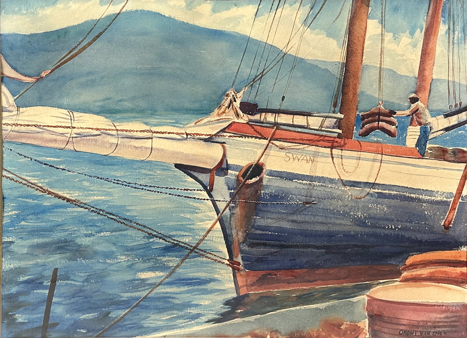Oman L. Van Dyck "Swan" 1950 Watercolor on Paper Painting Framed: Oman L. Van Dyck "Swan" 1950 Watercolor on Paper Painting Framed. Signed and dated in black lower right. Framed, matted, and sealed under glass. Unexamined out of frame. Sight condition appears good. 