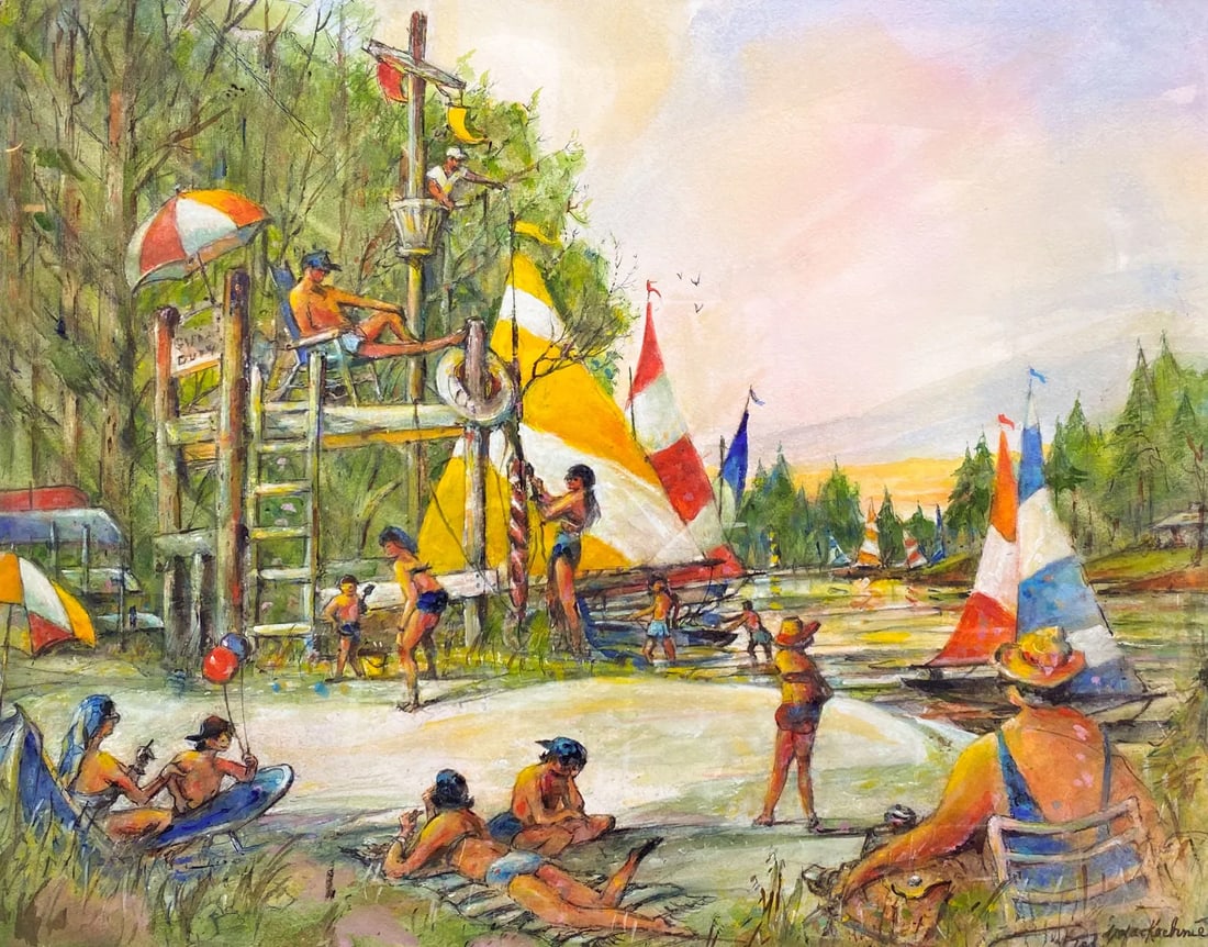 Ted MacKechnie "Sunday Sails" Watercolor on Paper Framed Painting: Ted MacKechnie "Sunday Sails" Watercolor on Paper Painting Framed. Framed, matted, and sealed under plexi. The plexi is very scratched, and will need to be replaced. Unexamined out of frame. Approx. s