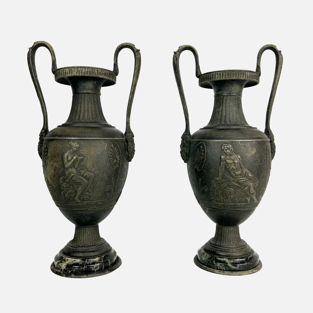 Pair Antique Etruscan Style Metal Vase w/Granite Base Garniture Set (1 of 11)