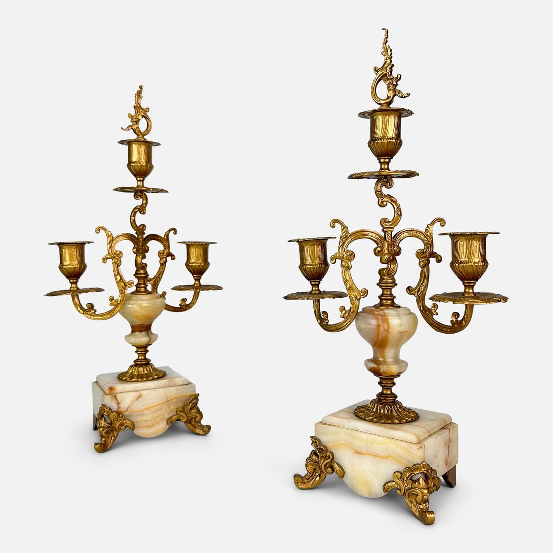 Pair Antique Three-Light French Neoclassical Onyx Stone and Brass Candelabras (1 of 10)