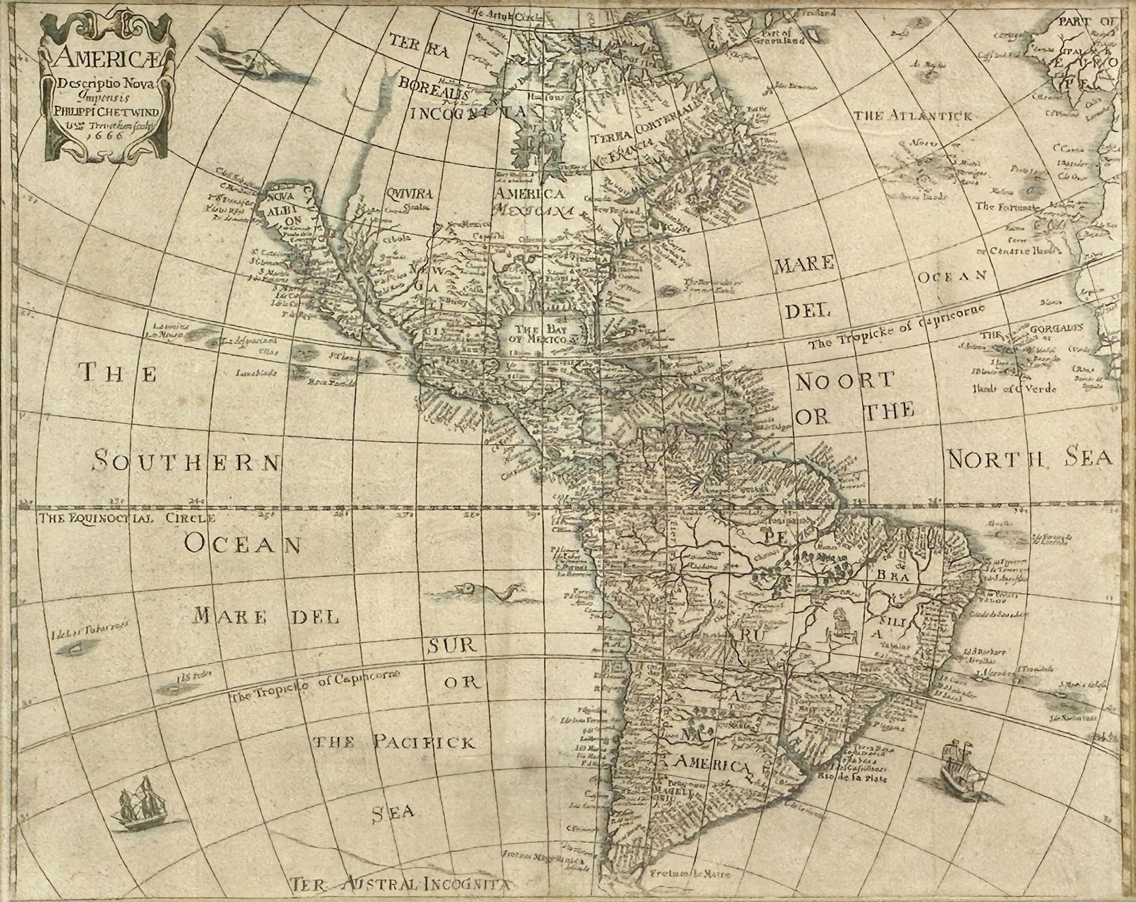 Antique 1666 English Map of America Showing California as Island Philip Chetwind/William Trevethen (1 of 10)