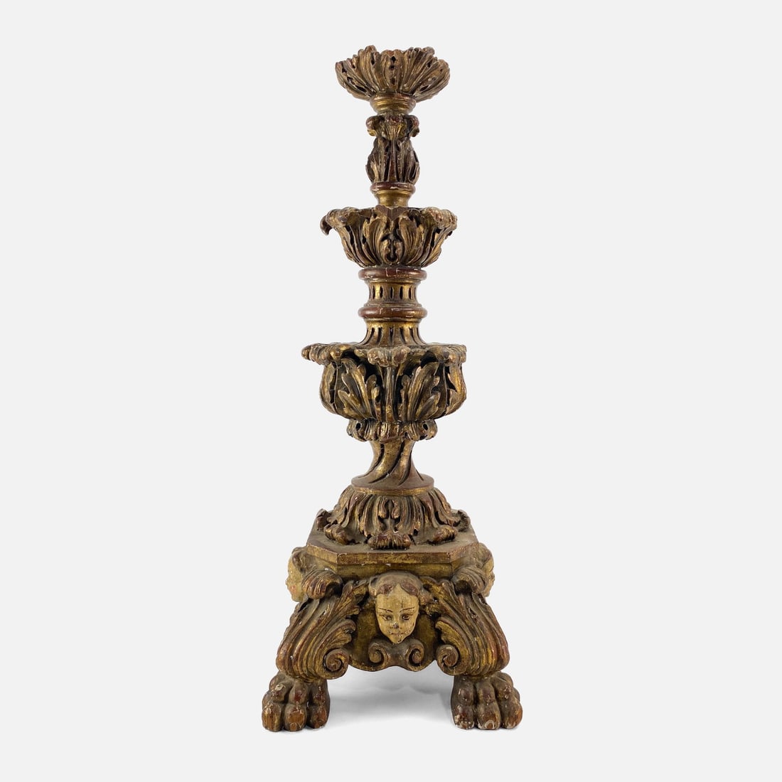 Antique Continental Carved Gilt Wood Baroque Putti Mask European Alter Candlestick (1 of 7)