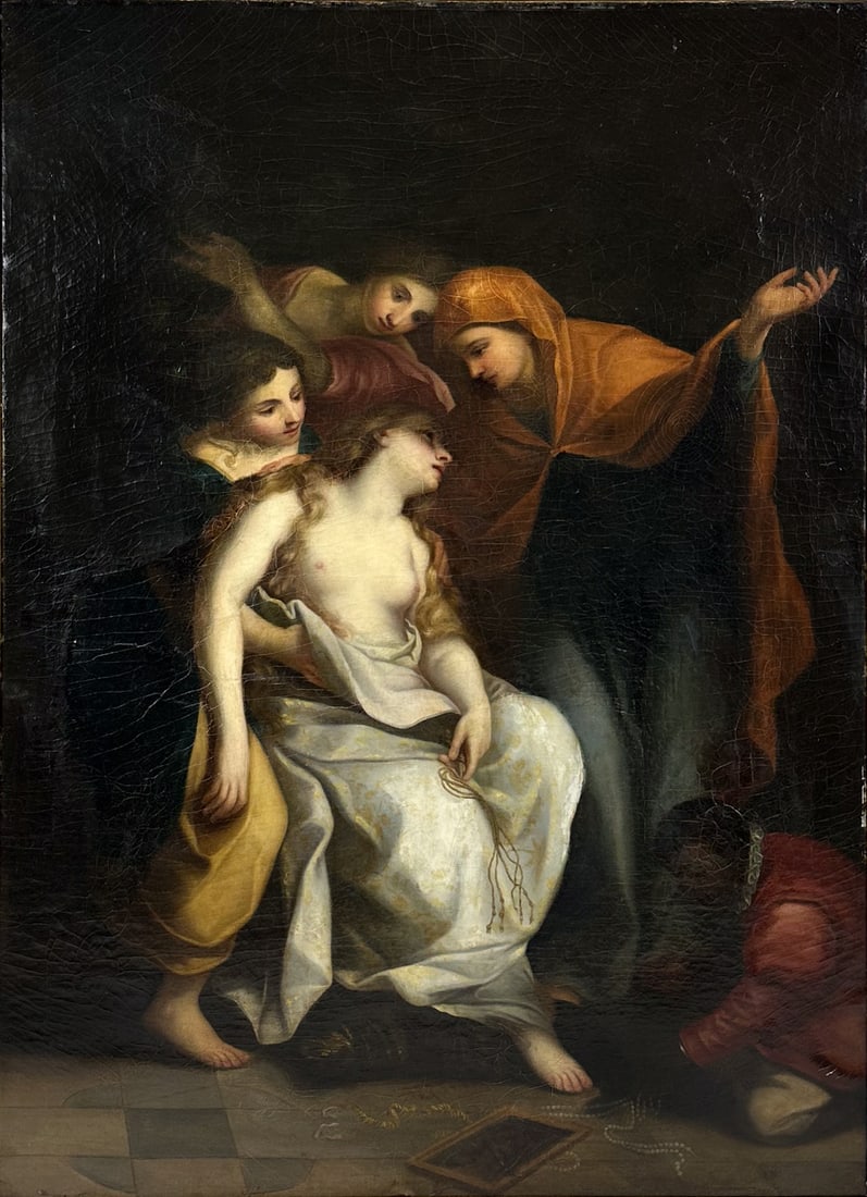 Large Antique "Marie Magdalene In Penitence" Old Master Copy Oil on Canvas Painting Gilt Framed: Large Antique "Marie Magdalene In Penitence" Old Master Copy Oil on Canvas Painting Gilt Framed. Under blacklight this piece appears to have been repaired and/or overpainted near Mary's hand and botto