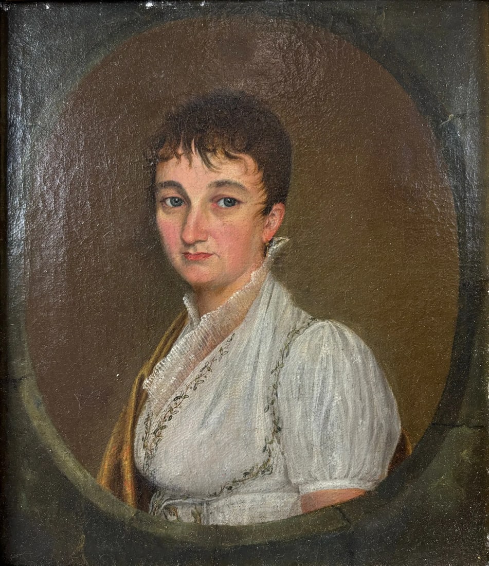 Antique Portrait of a Lady Oil on Board Painting Framed: We believe this painting to have been the wife of the man in the previous painting lot 92. Good restored condition with slight overpaint, otherwise nice surface. Approx. board size 13" x 11 1/4". We d
