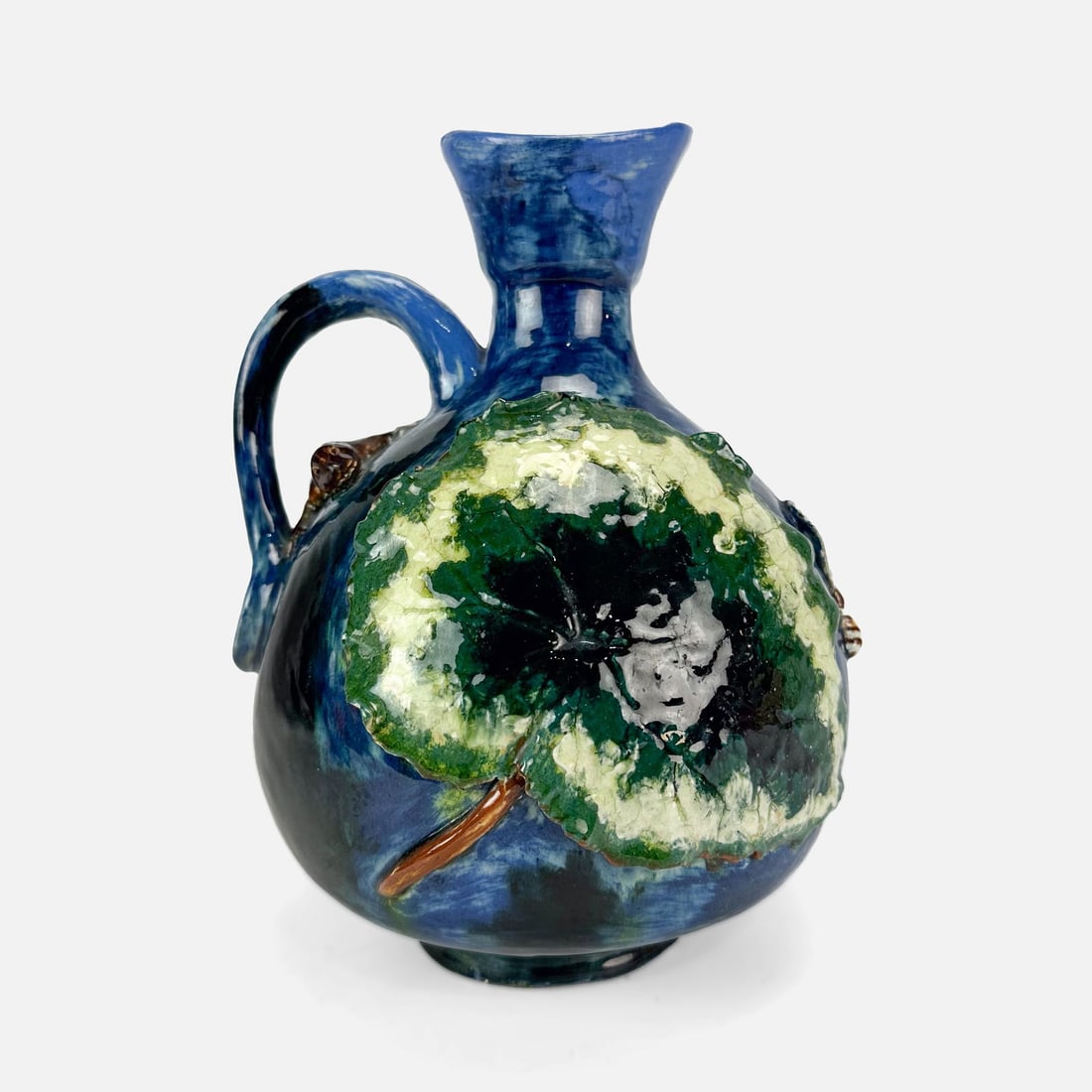 Antique Majolica Art Pottery Handled Jug w/Salamanders, Insects, and Begonias 1880 (1 of 8)