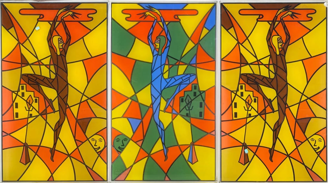 Three Modernist Dancer Art Glass Panels: Three Modernist Dancer Glass Panels. Panels have some scratches, dings, and chips in corners see photos. We do not provide in-house shipping! Please reach out to Donald Camden at UPS Store 4608 or ref