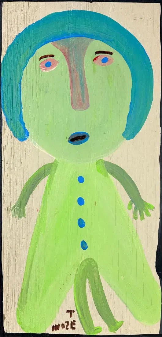 Mose Tolliver "Woman in Green Dress" Outsider Folk Art Painting on Wood Panel (1 of 7)