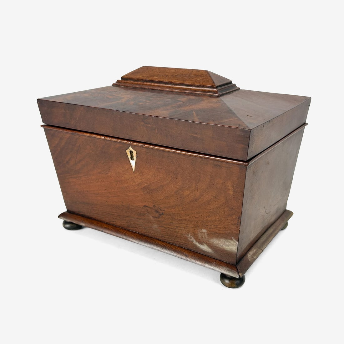 Antique 19thC English Regency Mahogany Veneer Bunn Foot Tea Caddy (1 of 12)