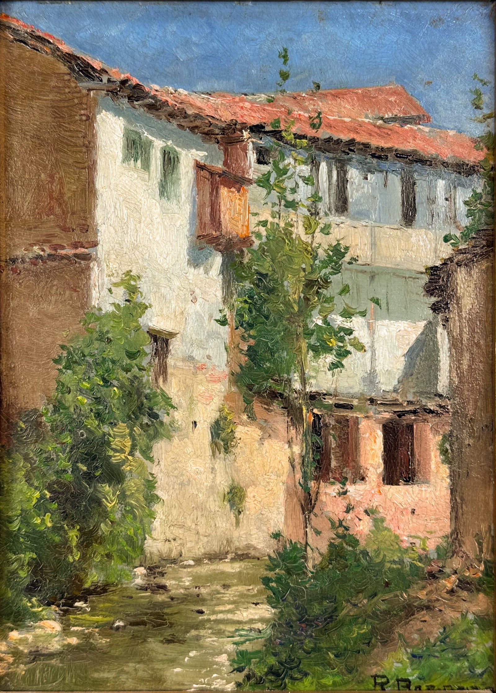 Ricardo Borrero Alvarez Original Town Scene Oil on Board Painting: Original Oil on Board Painting by Colombian artist Ricardo Borrero Alvarez (1874-1931). Good sight condition as shown, the frame has minor surface defects please enlarge photos. Approx. board size 8 1
