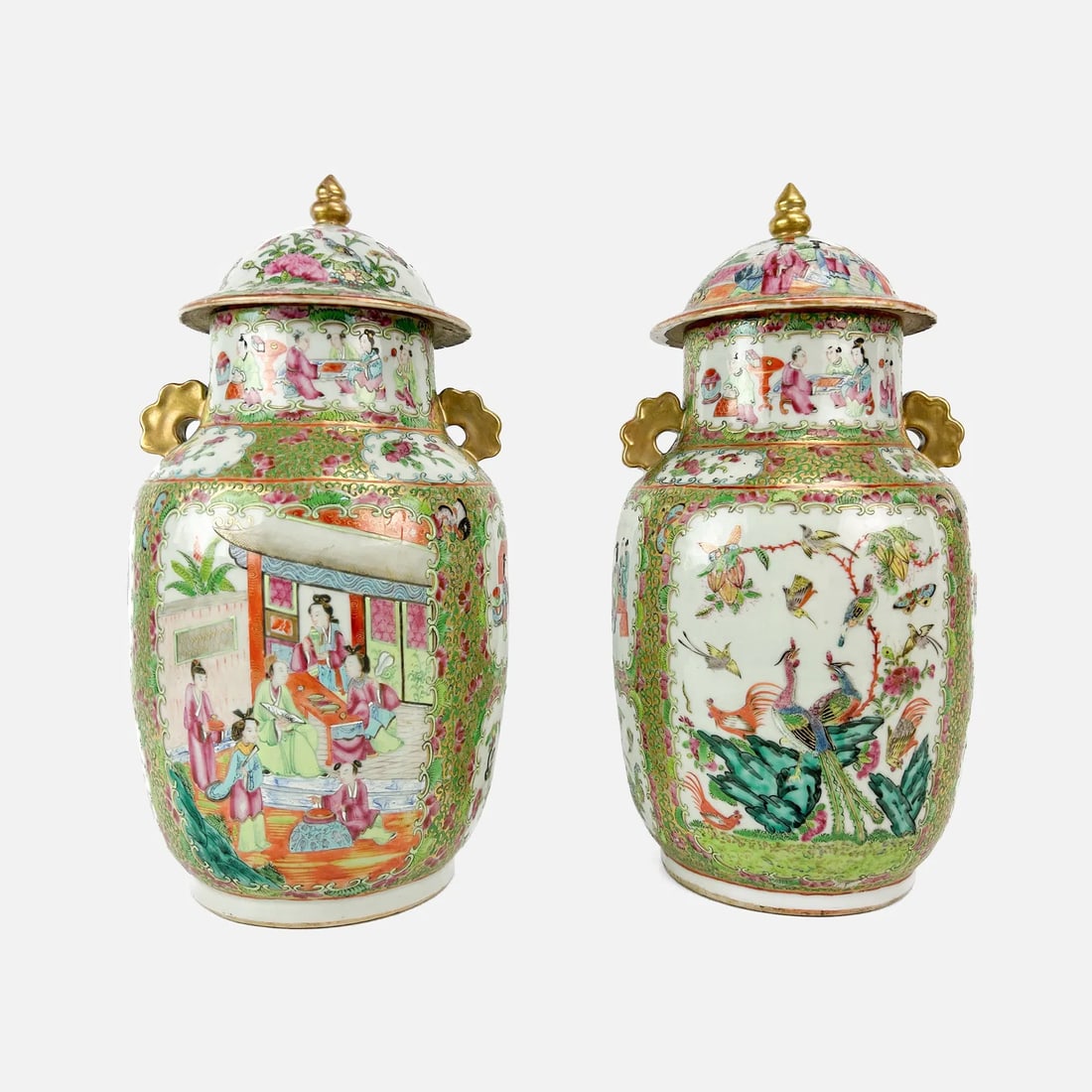 Pair Antique Chinese Famille Rose Lidded Vase Urns (1 of 19)