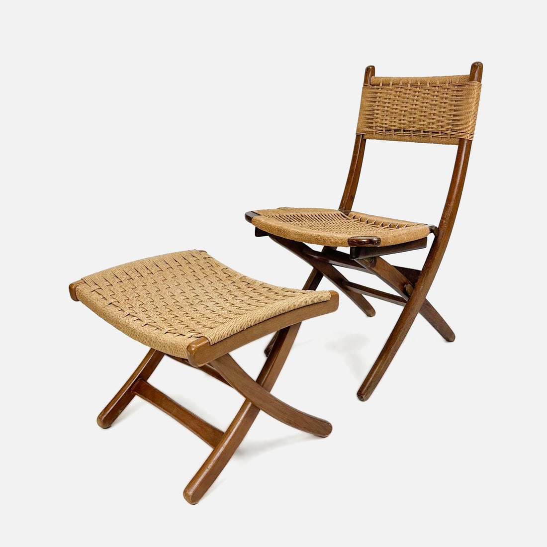 Hans J. Wegner Style MCM Indoor/Outdoor Folding Chair & Stool Ottoman (1 of 6)