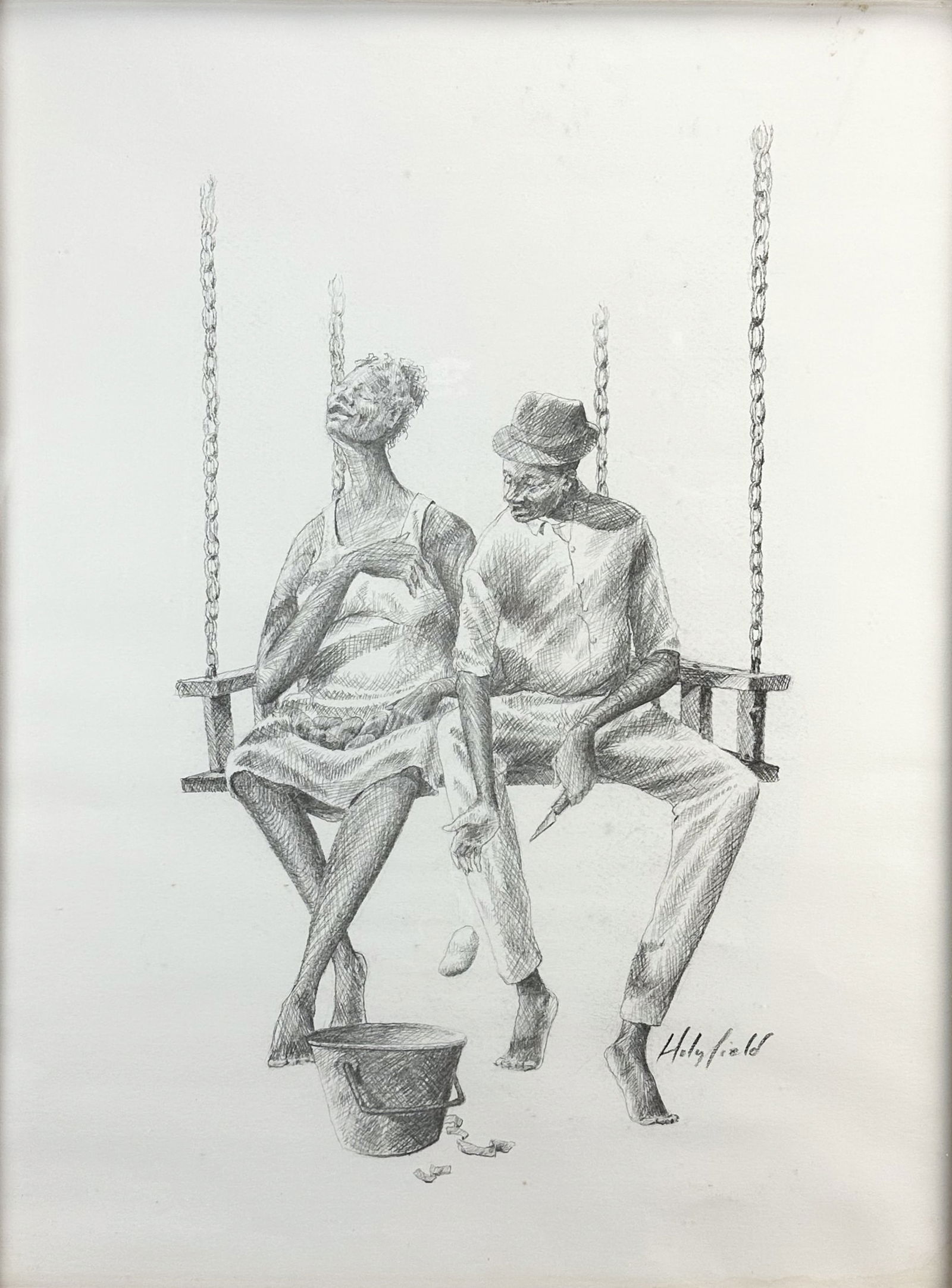 John Holyfield Large Original Graphite Drawing African American Couple Peeling Potatoes on Swing (1 of 5)