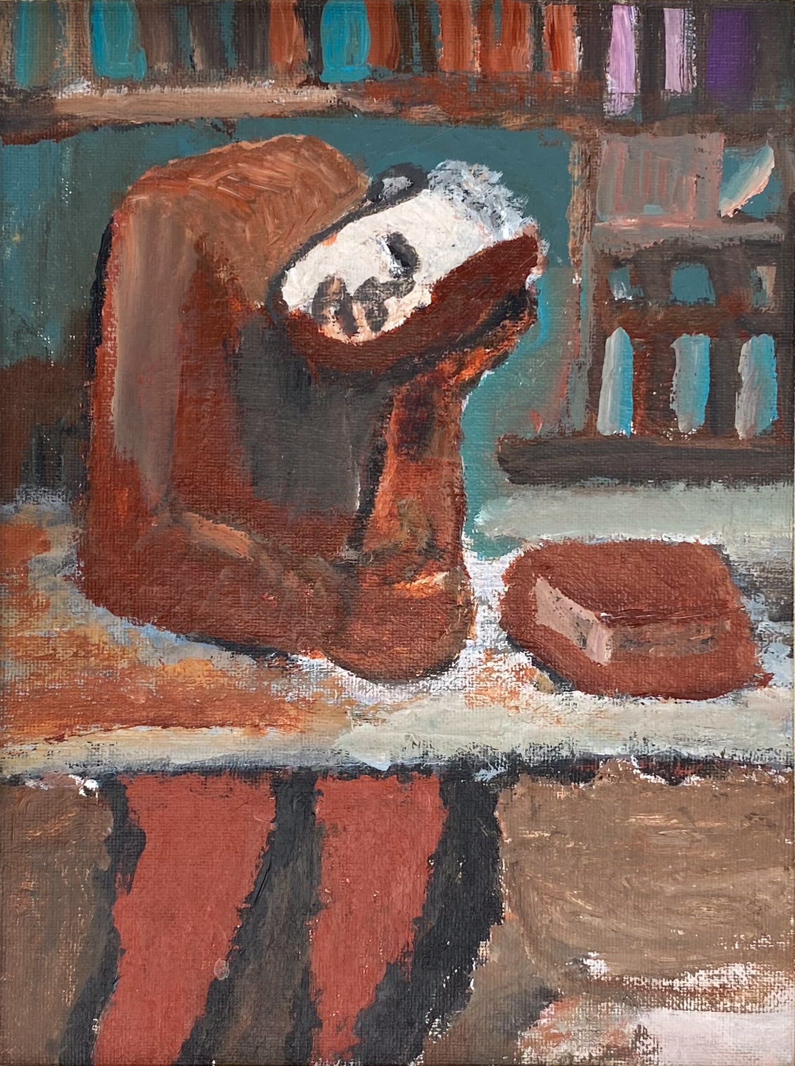 Impressionist Pensive Man at Table Oil on Canvas Painting Framed: Impressionist Pensive Man at Table Oil on Canvas Painting Framed. Apparently unsigned. Painting appears to be in good condition, minor discoloration/staining to fillet. Approx. sight size 11" x 8 3/8"