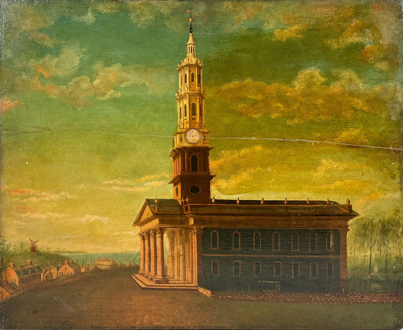 Antique Church Landscape Oil on Board Painting: Board has been repaired see split through middle. Otherwise, the painting is in good overall age-appropriate condition. We do not provide in-house shipping! Please reach out to Donald Camden at UPS St