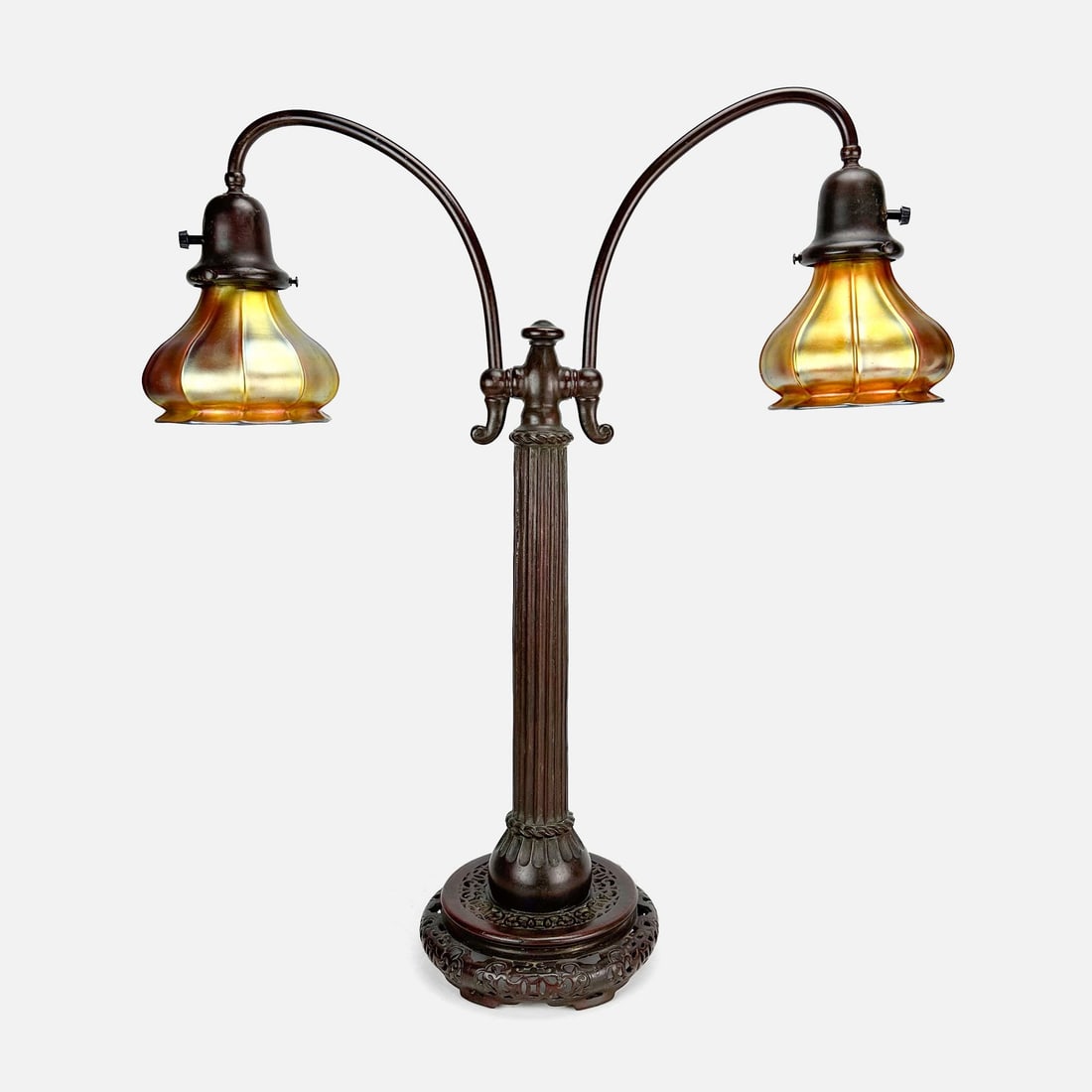 Handel Style Double Student Table Lamp w/Quezal Art Glass Shades (1 of 11)