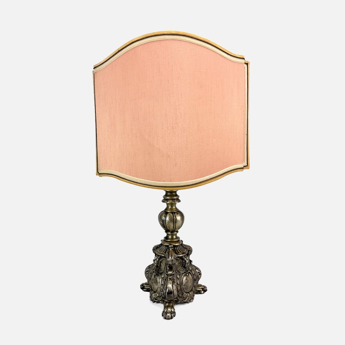 Antique Baroque Style Converted Candle Stick: Antique Baroque Style Converted Candle Stick. Good age-appropriate condition, see light creasing and scratch to shade. Half shade measures approx. 13 1/2" x 16 1/2". We do not provide in-house shippin