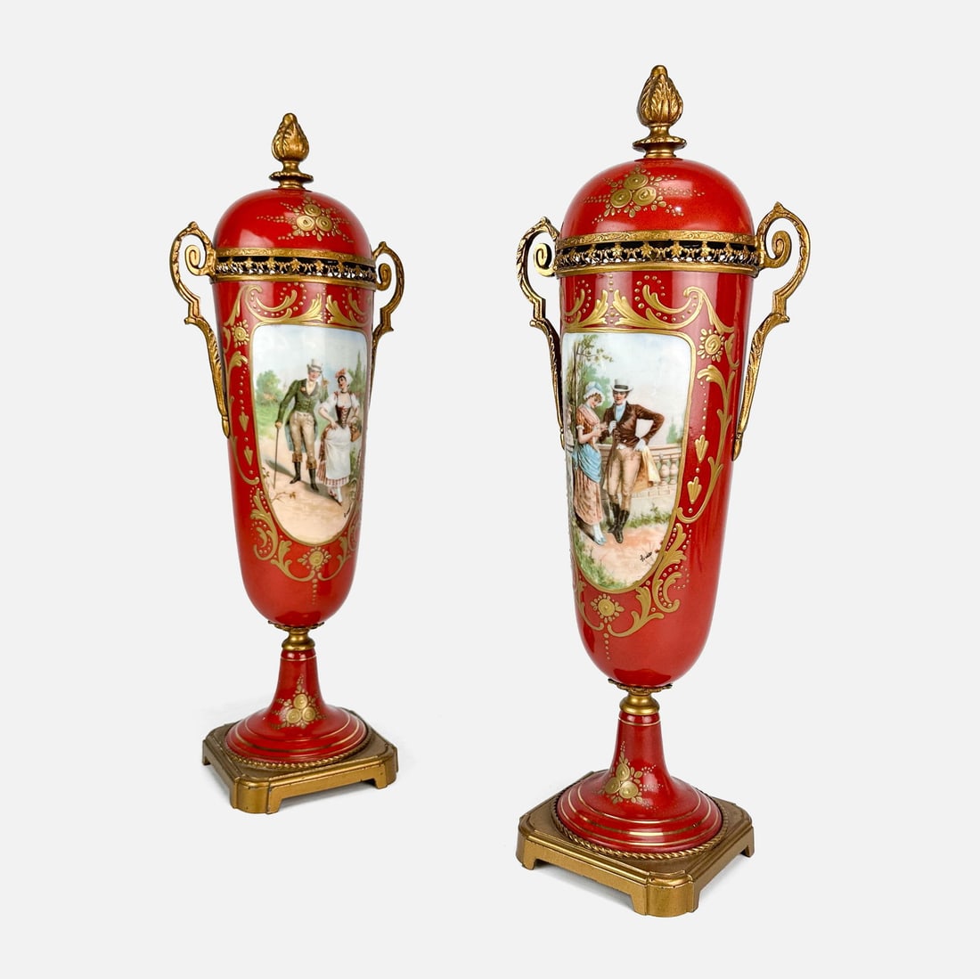Pair Antique Sevres Style Burgundy Porcelain Garniture Set w/Gilt Mounts (1 of 11)