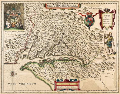 Willem Blaeu 17thC "Nova Virginiae Tabula" Original Hand Colored Map of Virginia w/Frame: Willem Blaeu 17thC "Nova Virginiae Tabvla" Original Hand Colored Map of Virginia w/Frame. Based on John Smith's influential map of Virginia, 1612. Good as shown, with apparent repair upper left (see p
