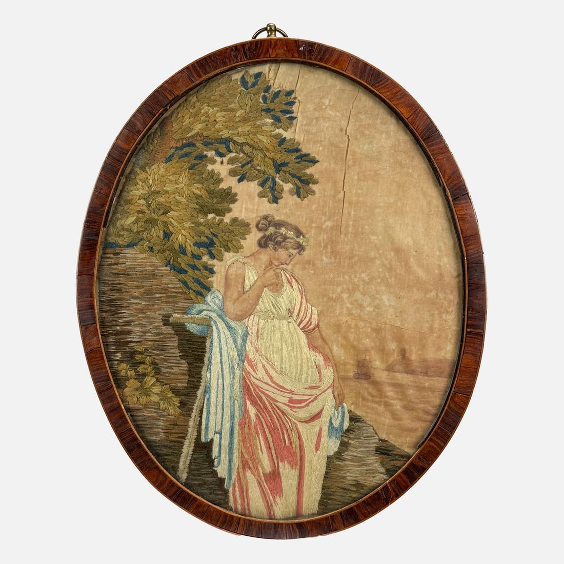 Antique Silk Woman on Seaside Needlework Framed: Fair overall with shown tears to silk. Some damage to frame, please enlarge photos. We do not provide in-house shipping! Please reach out to Donald Camden at UPS Store 4608 or refer to our list of pre