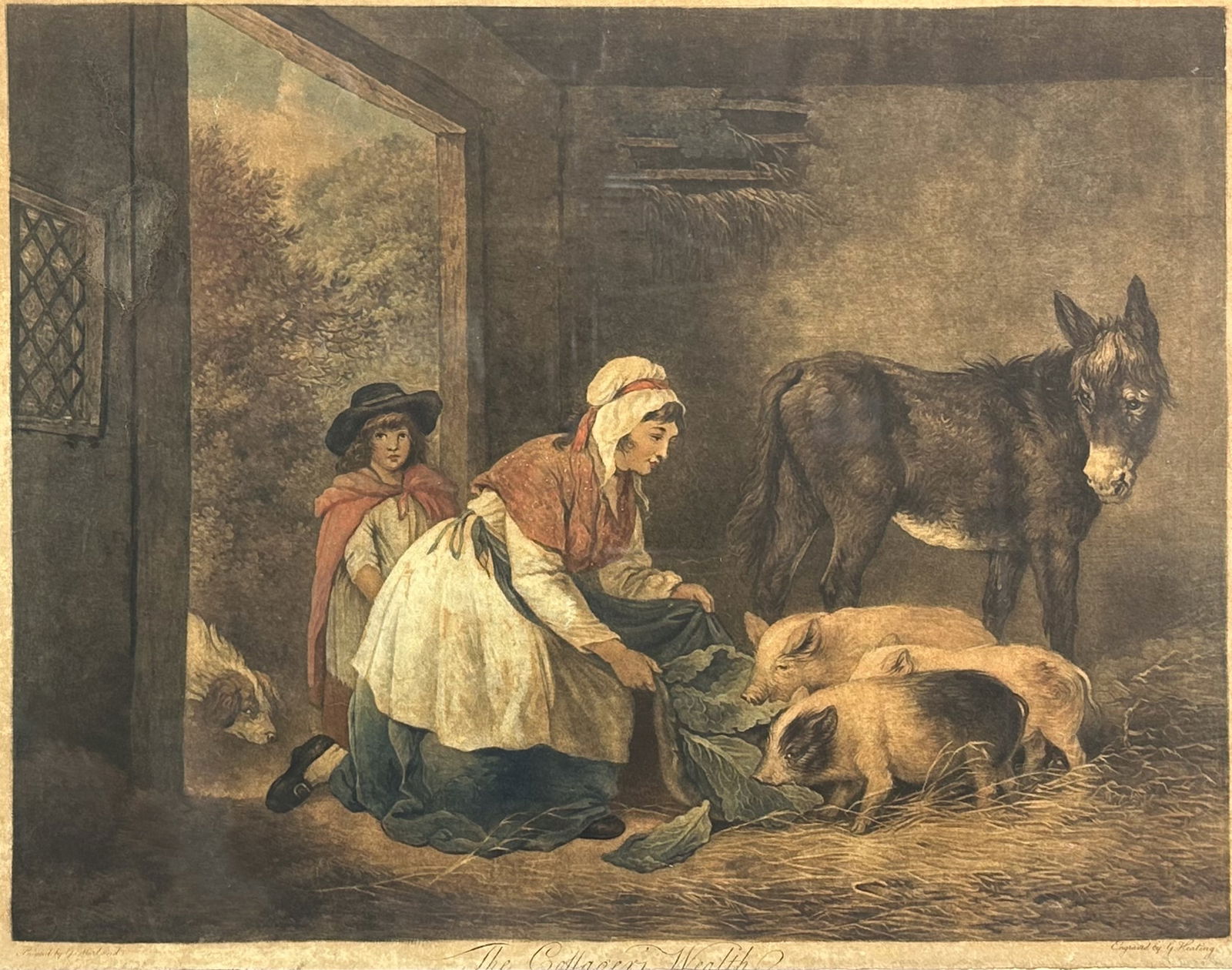 Georges Keating "The Cottager's Wealth" Mezzotint Color Engraving Framed Print: Georges Keating "The Cottager's Wealth" Mezzotint Color Engraving Framed Print. Good overall with shown fading it appears there may be damage to the print upper left. Framed, matted, and sealed under