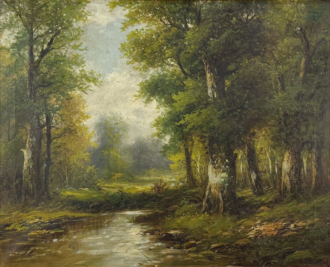 Artist Signed Forest Stream Landscape Oil on Canvas Painting Framed (1 of 6)