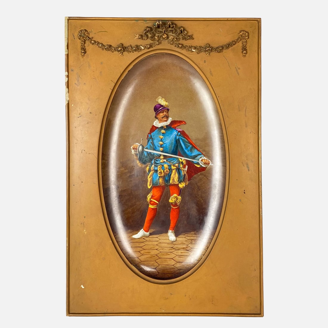 Large French Hand Painted Antique Porcelain Plaque Framed Portrait of a Dandy Swordsman (1 of 5)