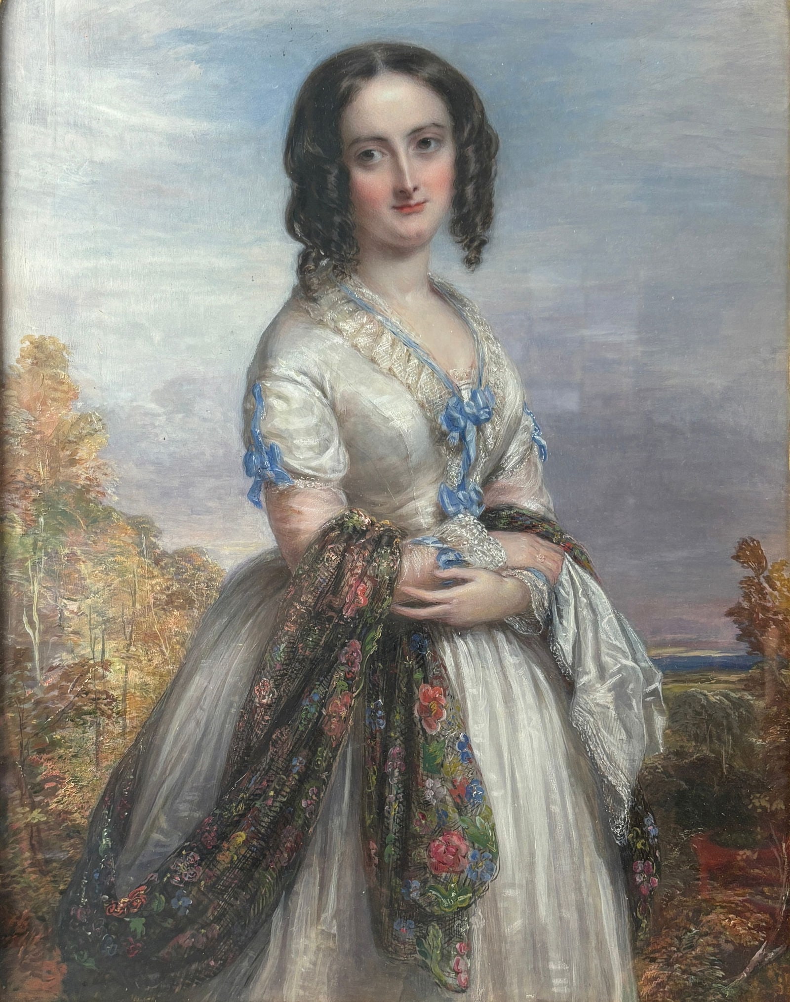 Antique Portrait of a Young Lady in White Oil on Board Painting: Approx. board size 20 1/2" x 14". We do not provide in-house shipping! Please reach out to Donald Camden at UPS Store 4608 or refer to our list of preferred shippers for a quote. Donald Camden UPS #46