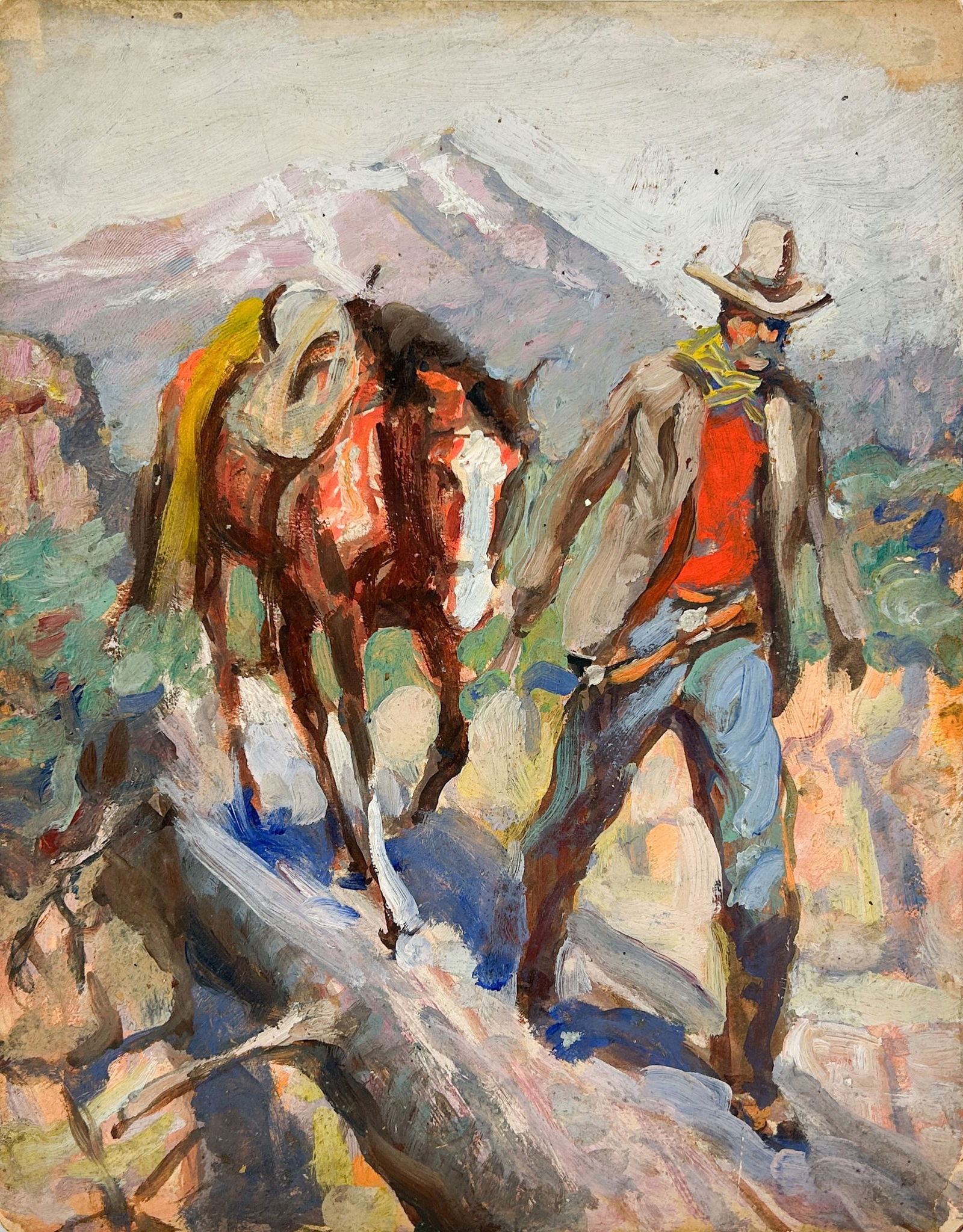Gayle Porter Hoskins Western Scene Study Oil on Artist Board Painting: Gayle Porter Hoskins (1887-1962) Western Scene Study Oil on Artist Board Painting. Signed on reverse in pen. Overall fair condition, see loss to edges, minor surface imperfections. We do not provide i