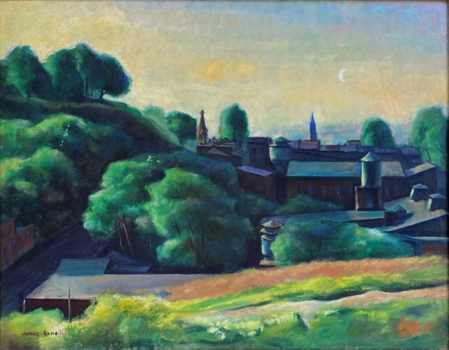 Original James P. Bonelli Lush Green Verdant Rooftops Landscape Oil on Canvas Signed Framed Painting (1 of 4)