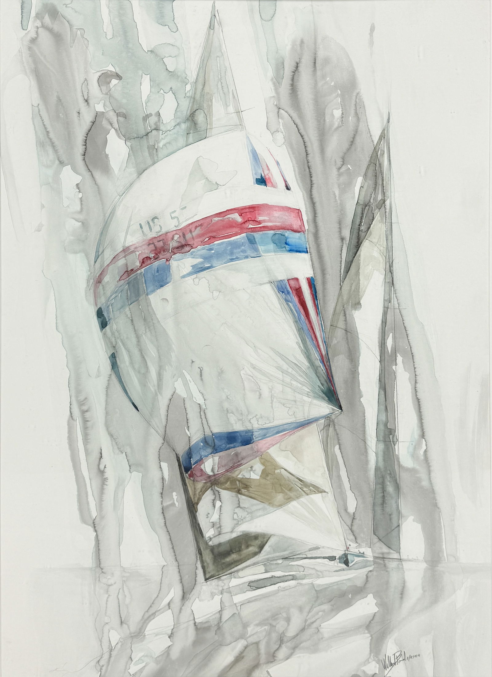 Large Original Willard Bond Maritime Watercolor on Paper, Signed and Framed Yacht Painting: Ca. last half 20thC. Original and Large Yacht Watercolor on Paper Painting by American painter Willart Bond (1926-2012). Signed lower right. Very good sight condition. Framed, matted, and sealed. Unex