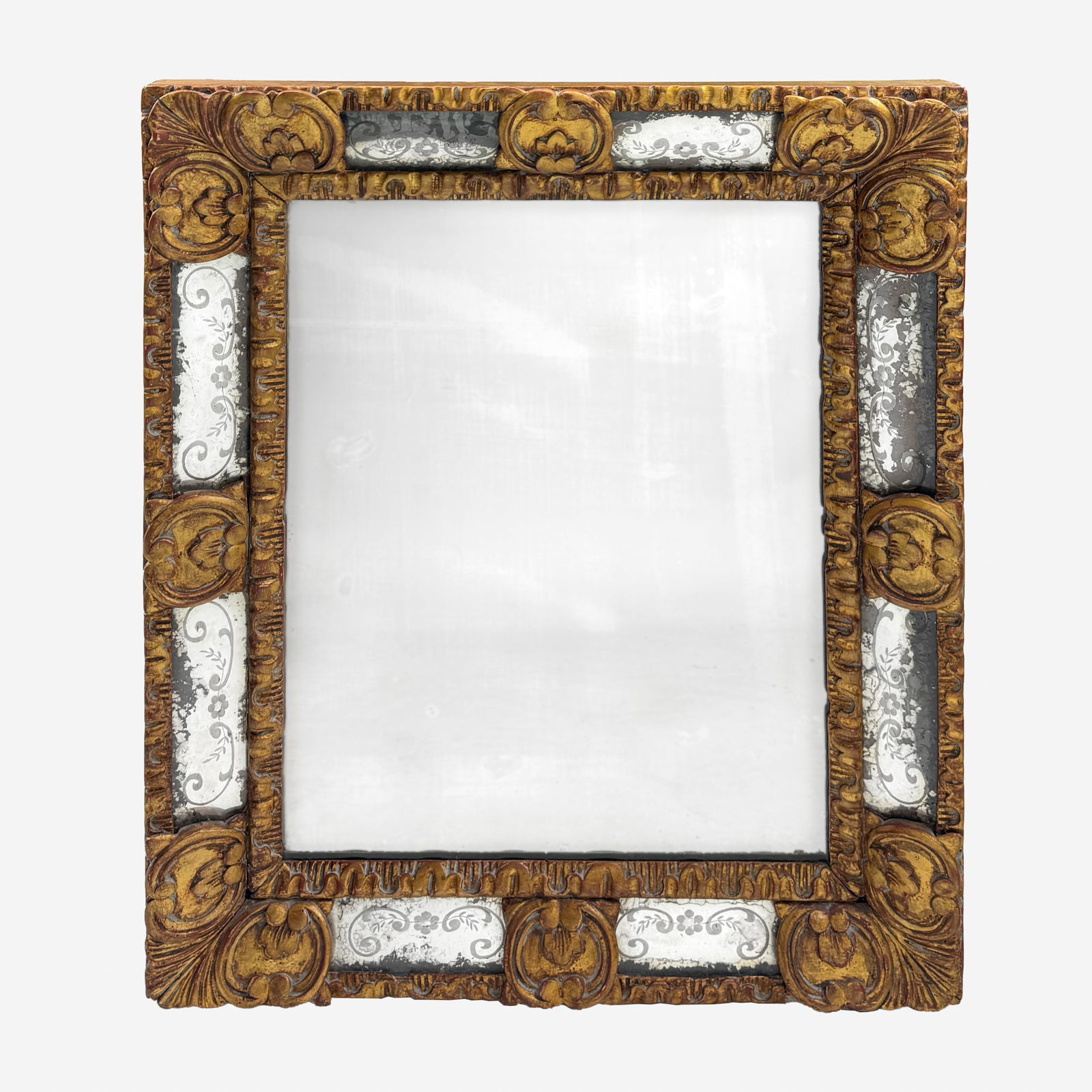 Antique 18thC Spanish Colonial Carved Giltwood Etched Looking Glass Mirror (1 of 3)