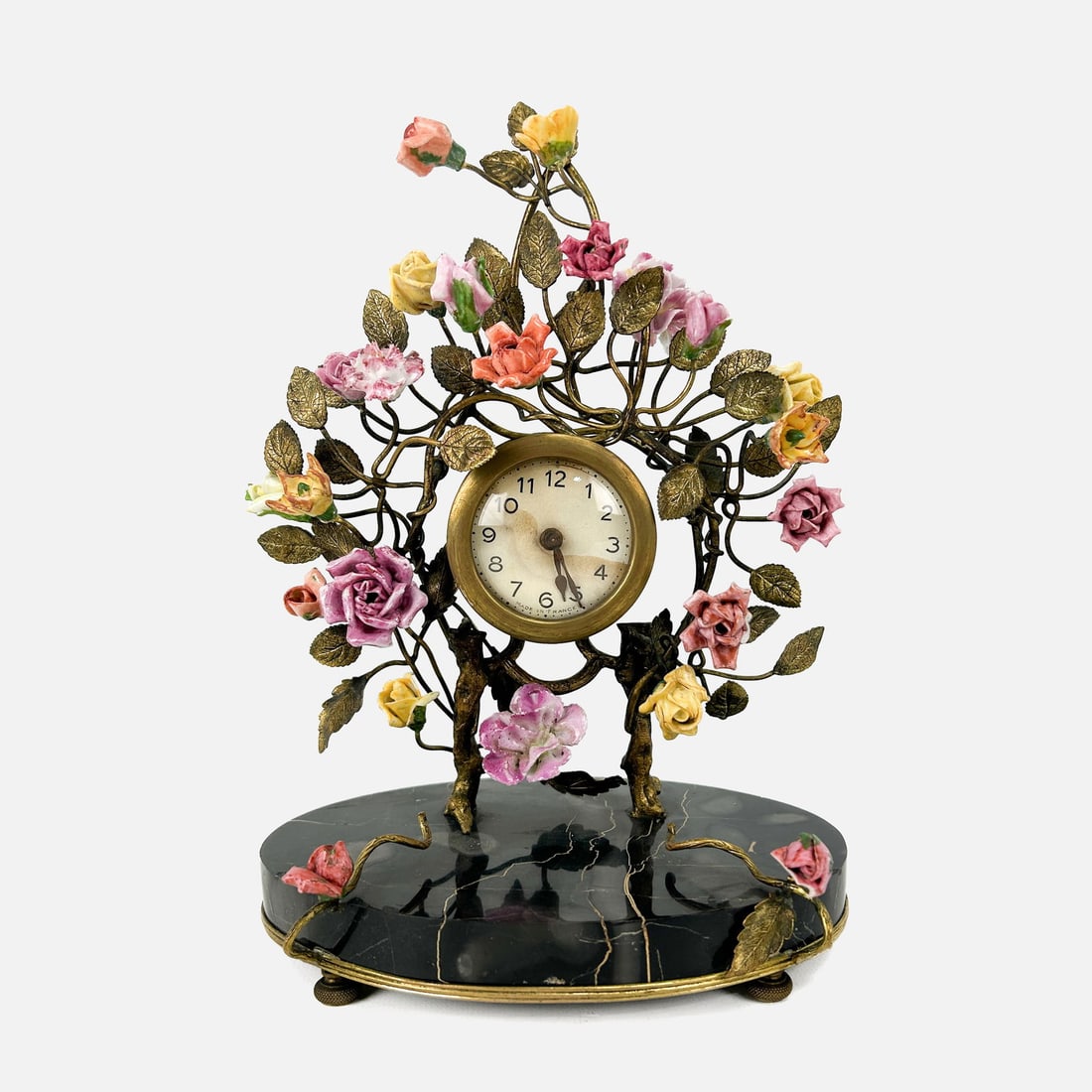 Antique French Gilt Bronze & Porcelain Floral Bouquet Mantle Clock on Black Marble Base (1 of 12)