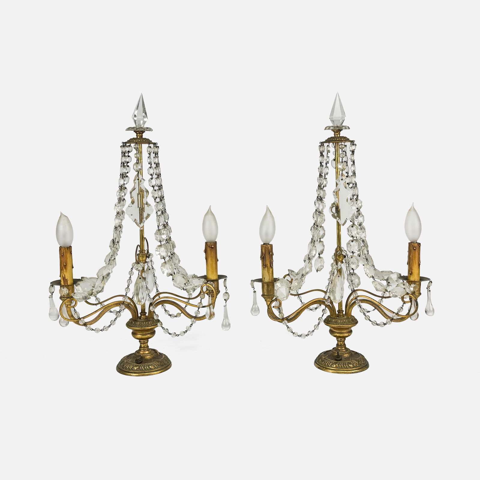 Pair Vintage Mid-20thC Two-Light Rococo Style Cut Crystal and Brass Table Chandeliers (1 of 10)