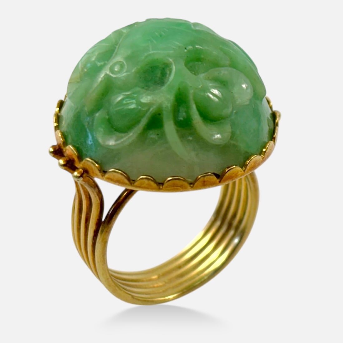 Fine Art Deco 14K Yellow Gold & Carved Jade Dome Ring Statement  Jewelry Size 8.5 (1 of 4)