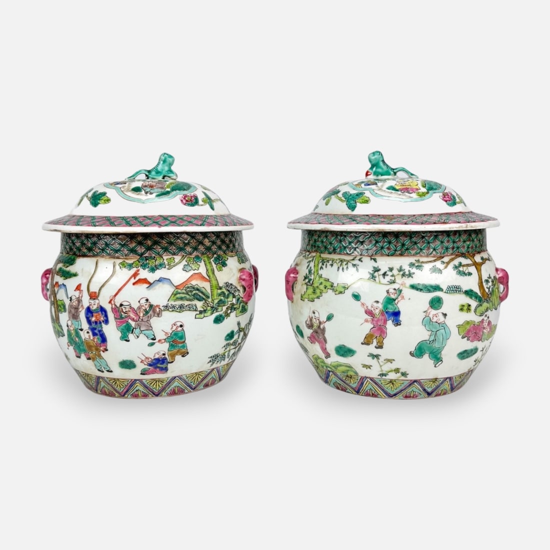 Pair Antique Chinese Export Signed Famille Verte Enamel Decorated Porcelain Lidded Jars w/Handles (1 of 11)