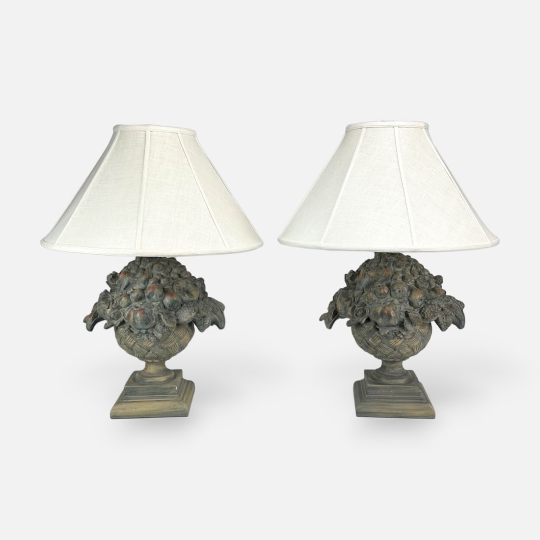 Pair Cast Resin Figural Basket of Fruit Table Lamps w/Shades (1 of 7)