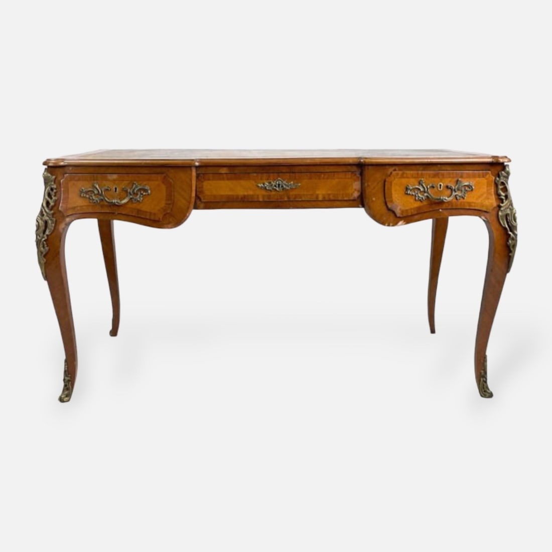 Antique French Louis XV Style Leather Top Bureau Plat Walnut Marquetry Writing Desk w/Ormolu Mounts (1 of 11)