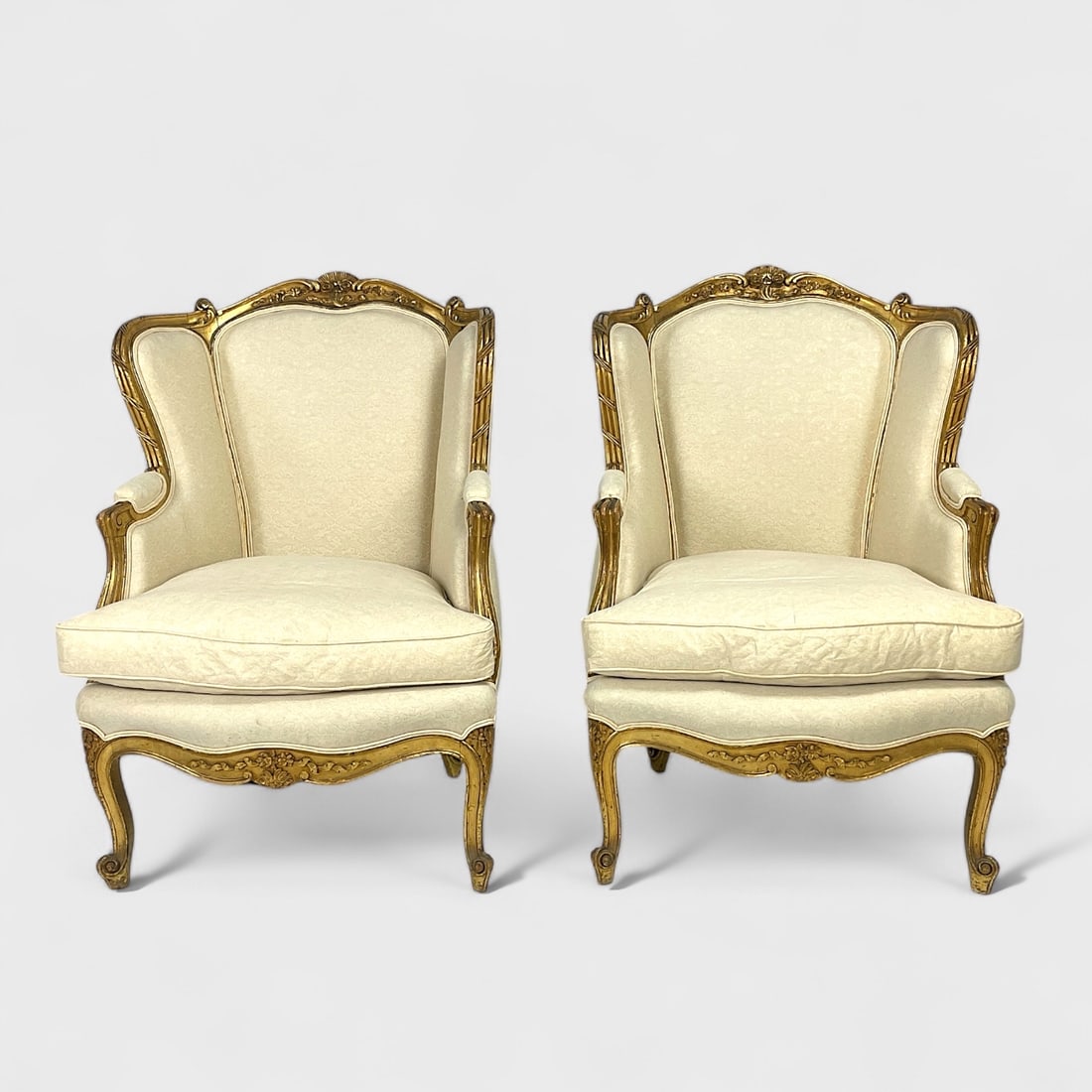 Pair Outstanding Antique 19thC Carved Giltwood Down Upholstered Fortuny Richelieu Bergere Armchairs (1 of 11)