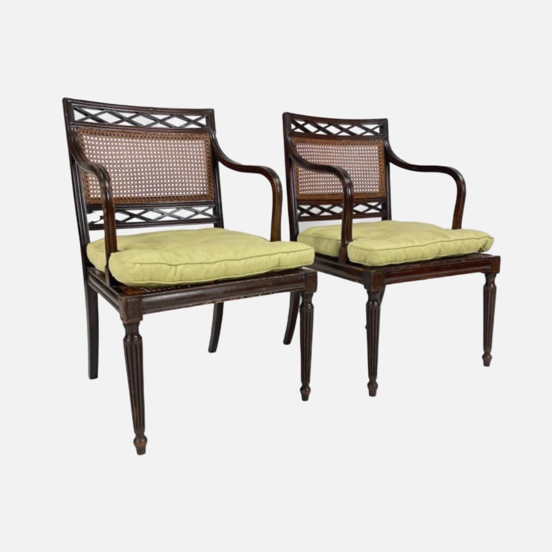 Pair Antique 19thC Regency Carved Mahogany Cane Back, Fitted Seat Cushion, Stained Wood Armchairs (1 of 10)